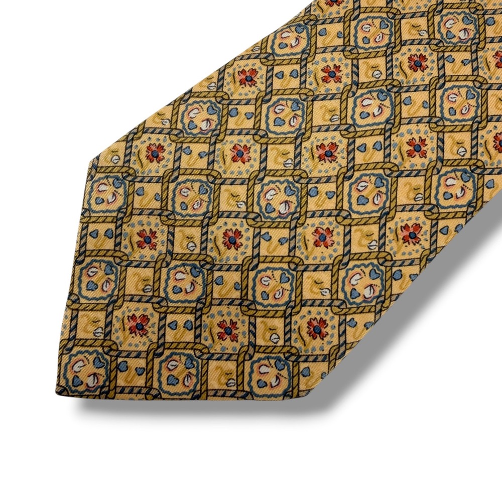 Hermes Tie Mens OS Yellow Blue Silk Geometric Rope Floral 7583 SA Made in France - Picture 2 of 5